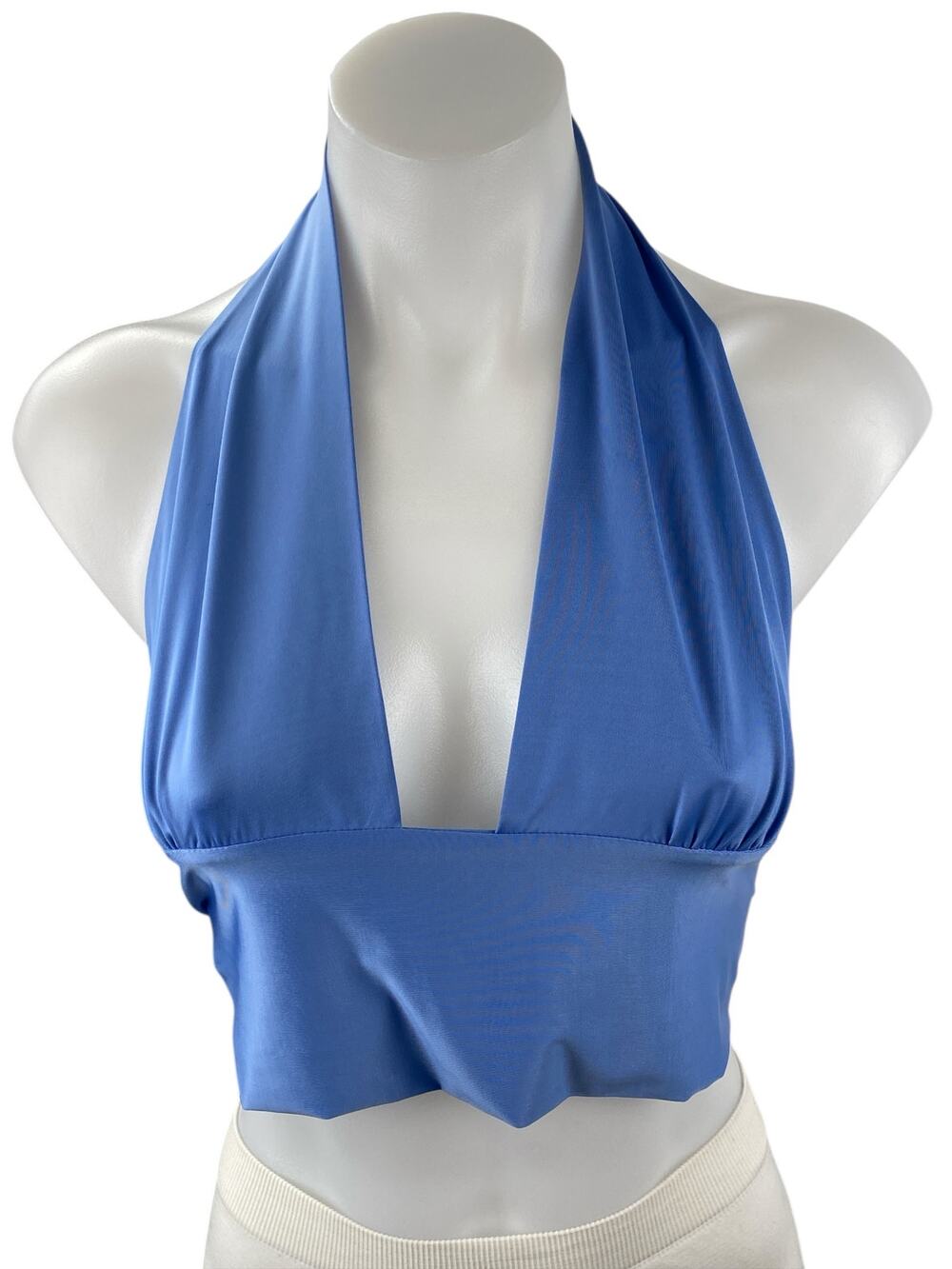 Princess Polly Blue Sleeveless Halter Plunge Neck Tie Back Crop Tank Top Size 4